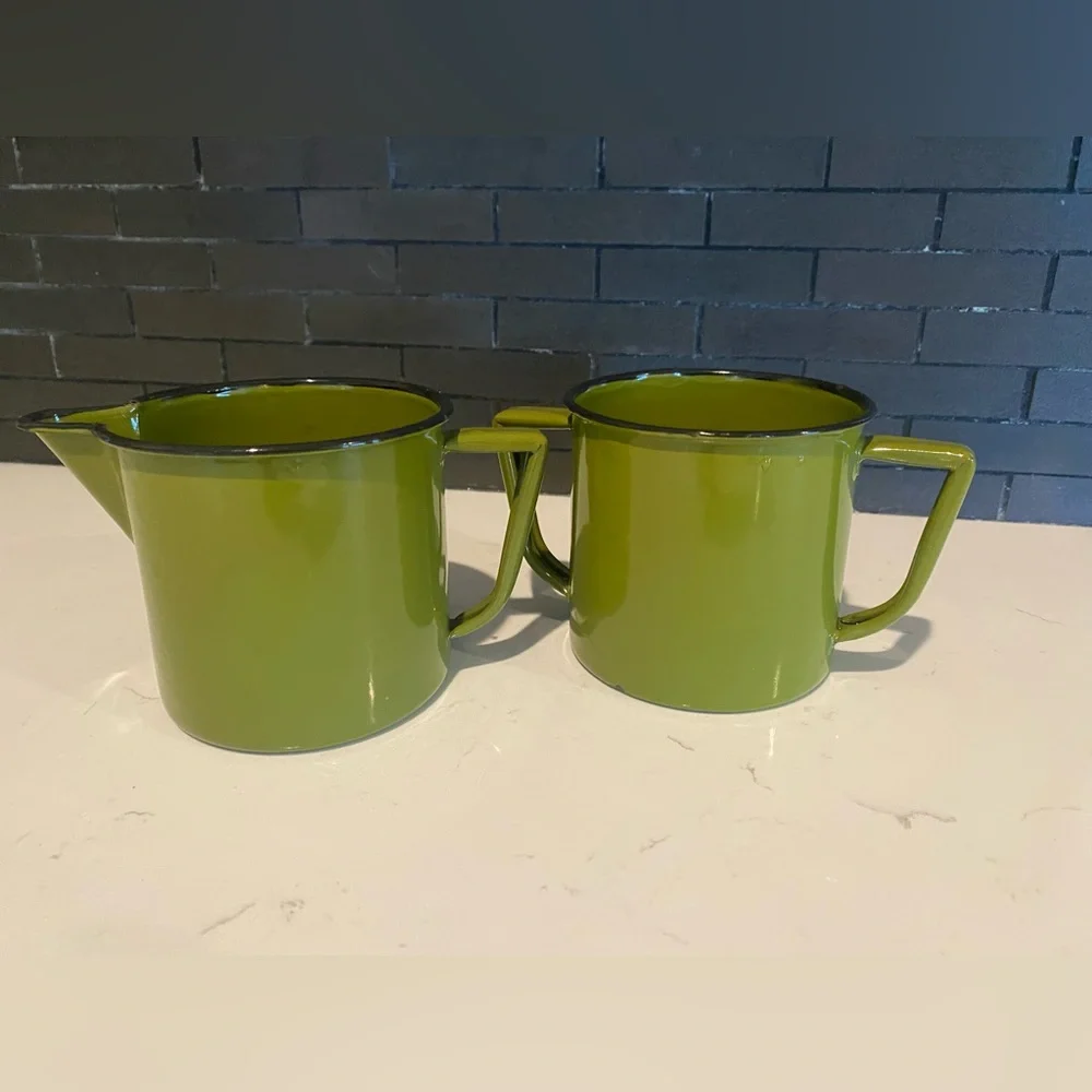 Vintage Olive Green Enamel Sugar and Creamer Set 3.5” Tall